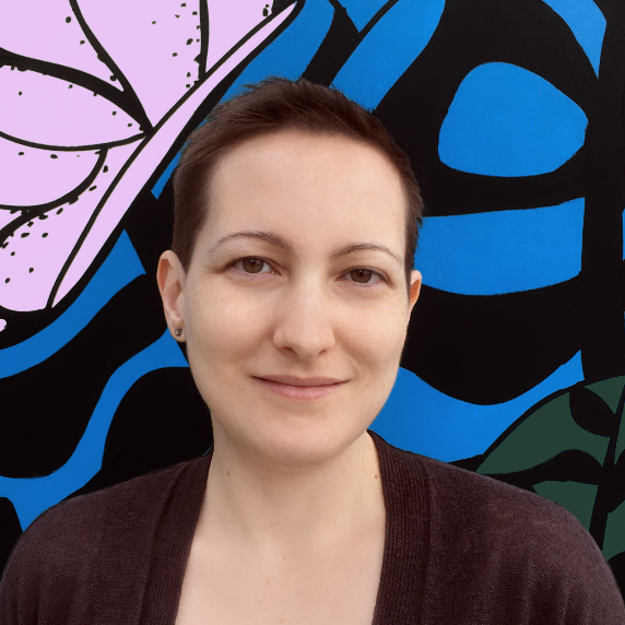 Headshot of Jess Haskins smiling in front of a colorful abstract background.